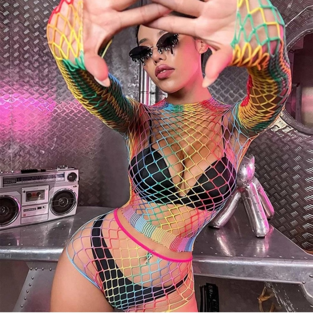 ❤️SOLD❤️ Rainbow Mesh Fishnet Rave Festival Top Booty Short Outfit Swim Cover - Picture 8 of 11